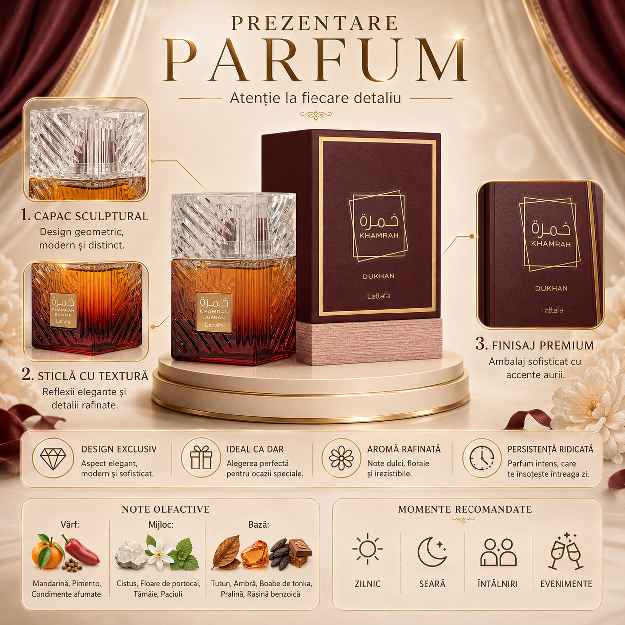 Parfum arăbesc Khamrah Dukhan Lattafa 100 ml apă de parfum unisex damă și bărbat cu note orientale și ambalaj premium